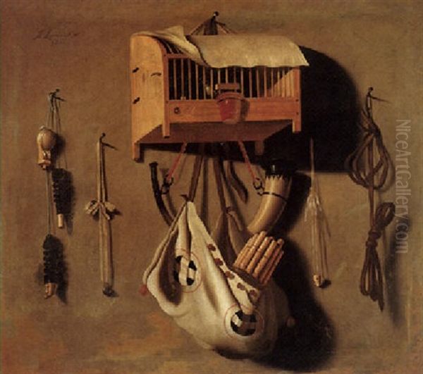 A Trompe L'oeil Still Life Of A Caged Bird And Hunting Equipment Oil Painting by Antonius Leemans