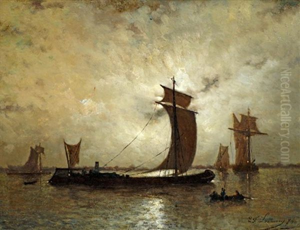 Shipping Scene In A Moonlit Estuary Oil Painting by Egide Francois Leemans