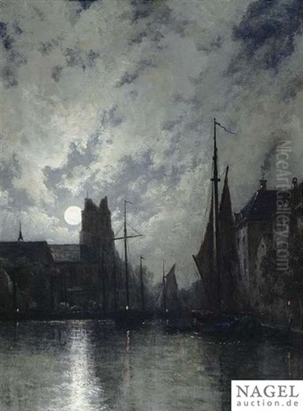 Canal In Dordrecht At Moonlight Oil Painting by Egide Francois Leemans