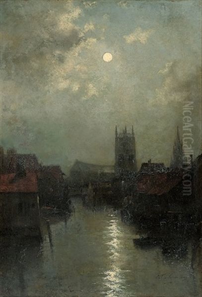 Pecherie A Gend, Le Soir Oil Painting by Egide Francois Leemans