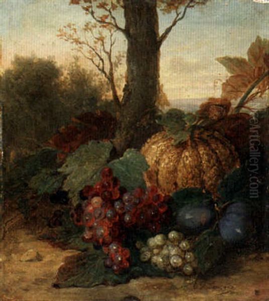 Still Life With Pumpkin, Grapes And Plums Oil Painting by Egide Francois Leemans