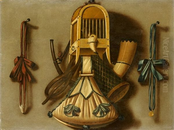 Trompe L'oeil With A Bird Cage And Hunting Equipment Oil Painting by Johannes Leemans