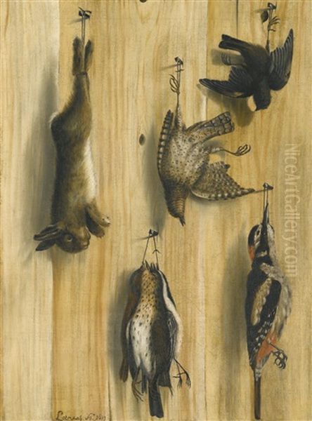 A Trompe L'oeil Still Life With A Rabbit And Various Birds Hanging From Nails Oil Painting by Johannes Leemans