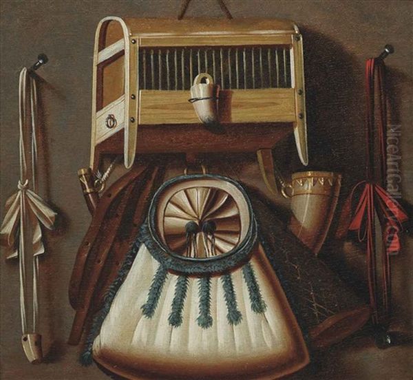 A Trompe L'oeil Still Life With A Bird Cage, A Hunting Horn And Other Hunting Equipment Hanging On A Wall Oil Painting by Johannes Leemans