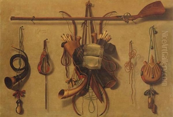 A Trompe L'oeil Still Life With Hunting Paraphernalia Hanging On A Wall Oil Painting by Johannes Leemans