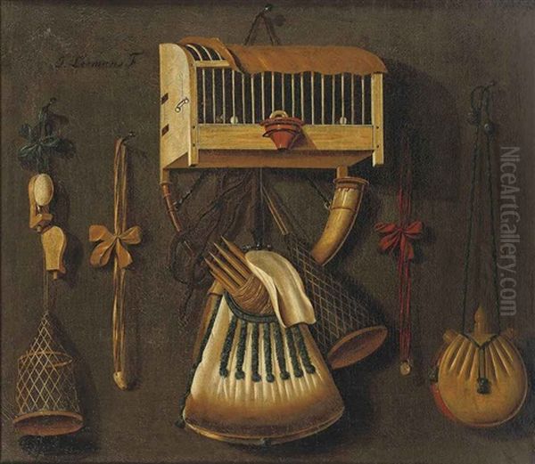 A Trompe L'oeil Still Life With A Bird In A Cage, A Hunting Horn, A Bird Whistle, And Other Hunting Implements Hanging On A Wall Oil Painting by Johannes Leemans