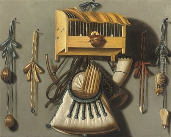 A Trompe L'oeil Still Life With A Bird In A Cage Oil Painting by Johannes Leemans