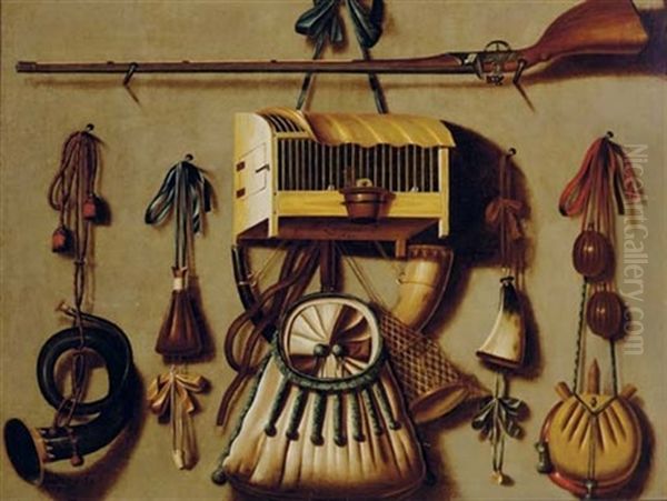 A Trompe L'oeil Still Life With A Gun, A Bird In A Cage, A Hunting Horn, Gun Powder, And Other Hunting Implements Hanging On A Wall Oil Painting by Johannes Leemans