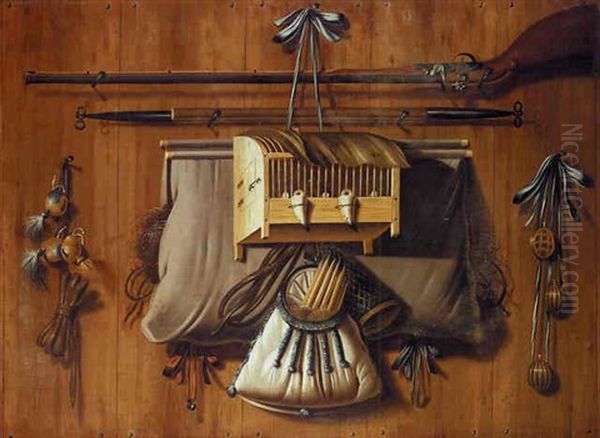 A Trompe L'oeil Still Life Of Implements Of The Chase, Including A Musket, A Bag Of Snares, A Bag Containing A Net And Other Hunting Implements Oil Painting by Johannes Leemans