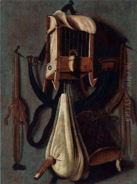 A Trompe L'oeil Still Life With A Birdcage, And Other Hunting Paraphernalia Oil Painting by Johannes Leemans