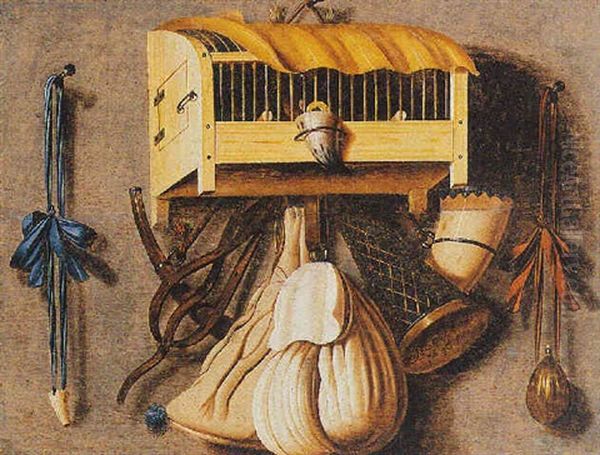 A Trompe L'oeil Still Life Of A Birdcage And Other Hunting Paraphernalia Oil Painting by Johannes Leemans