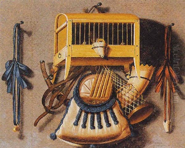 A Trompe L'oeil Still Life Of A Birdcage And Hunting Paraphernalia Oil Painting by Johannes Leemans