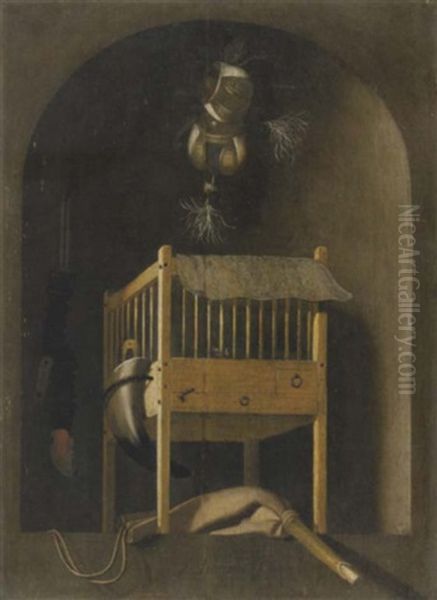 A Hunting Still Life With A Bird Cage, Falcons' Hoods And A Powder Bag In A Niche Oil Painting by Johannes Leemans