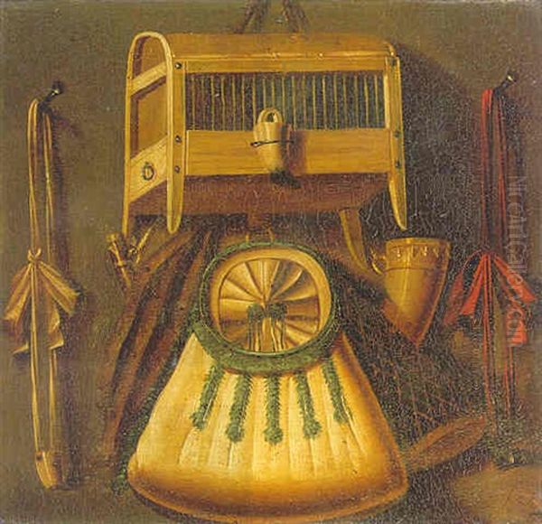 A Trompe L'oeil With A Powder Horn, A Gunpowder Pouch And Other Hunting Equipment Hanging Beside A Birdcage Oil Painting by Johannes Leemans