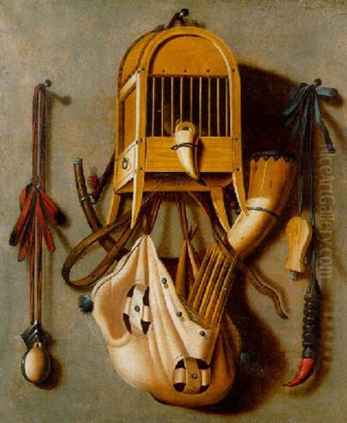 A Trompe L'oeil Of Hunting Equipment Hanging Against A Partition Oil Painting by Johannes Leemans