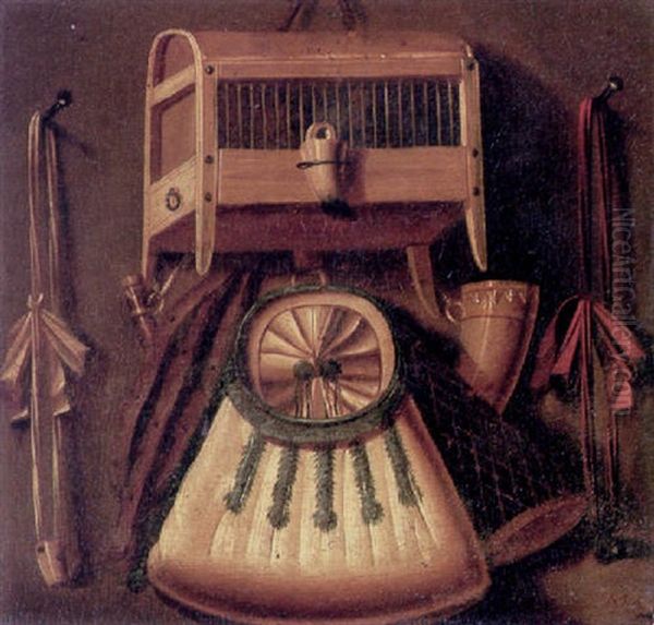 A Trompe L'oeil With A Powder Horn, A Gunpowder Pouch And Other Hunting Equipment Hanging Beside A Birdcage Oil Painting by Johannes Leemans