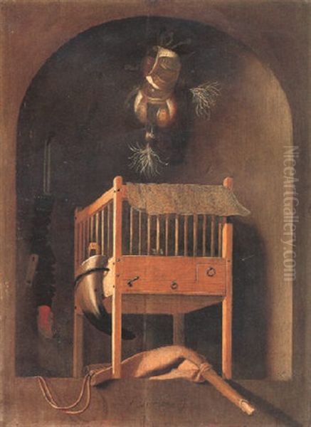 A Trompe L'oeil Of A Bird Cage, Gunpowder Horn, Bird Of Prey Hoods And Other Hunting Equipment Oil Painting by Johannes Leemans