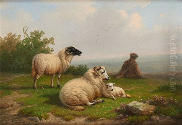 Berger Et Moutons Sur Fond De Paysage Oil Painting by Cornelis van Leemputten