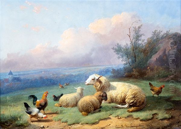 Ewe With Lambs And Chickens In A Meadow Oil Painting by Cornelis van Leemputten