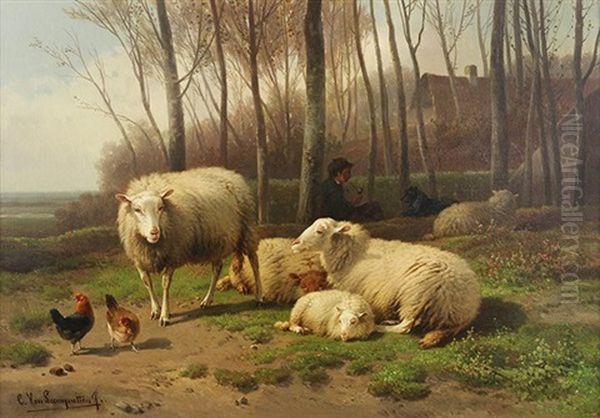 Figure With Dog, Sheep And Chickens Oil Painting by Cornelis van Leemputten