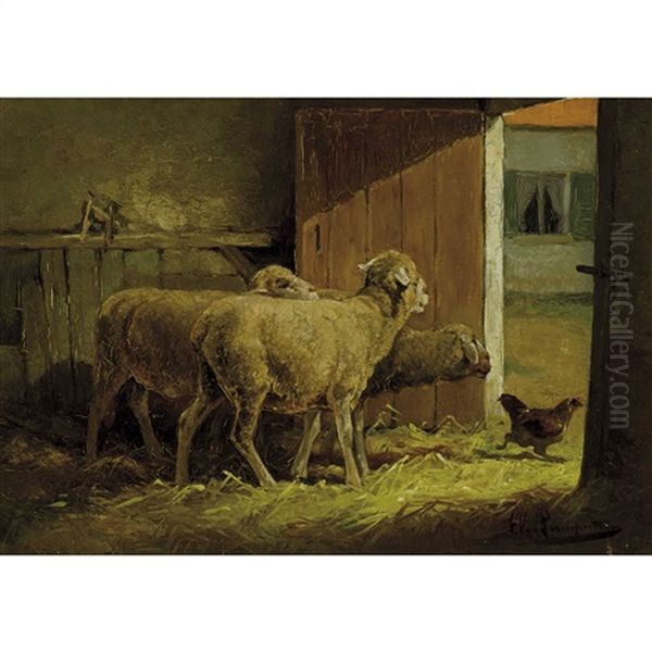 Schafe Und Huhn Im Stall Oil Painting by Cornelis van Leemputten