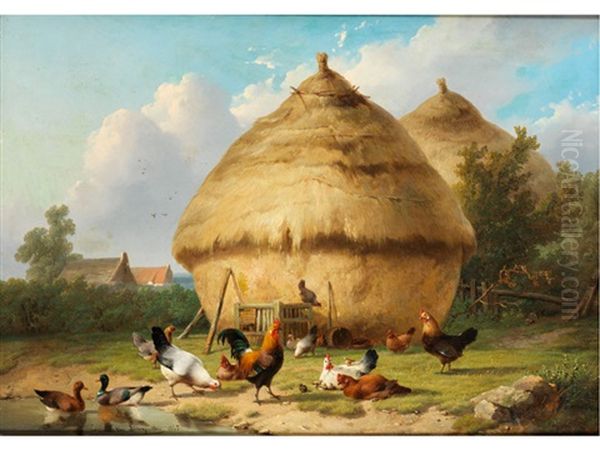 Strohhaufen Mit Federvieh Oil Painting by Cornelis van Leemputten