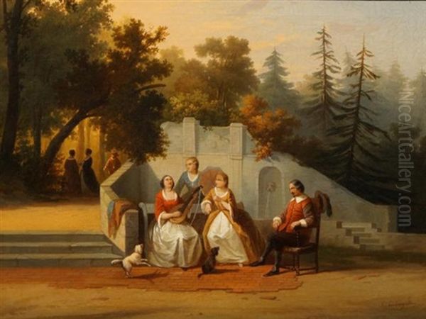 Elegant Garden Party Oil Painting by Cornelis van Leemputten