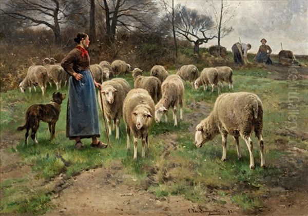 Sheperdess With Her Flock Oil Painting by Cornelis van Leemputten