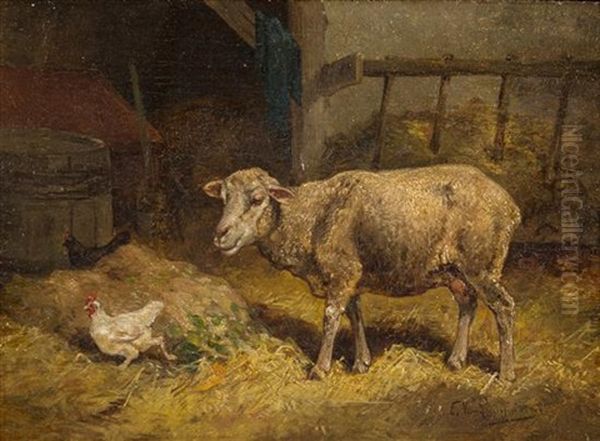 Sheep And Chicken In Barnyard Oil Painting by Cornelis van Leemputten