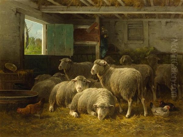 Sheep In A Stall by Cornelis van Leemputten