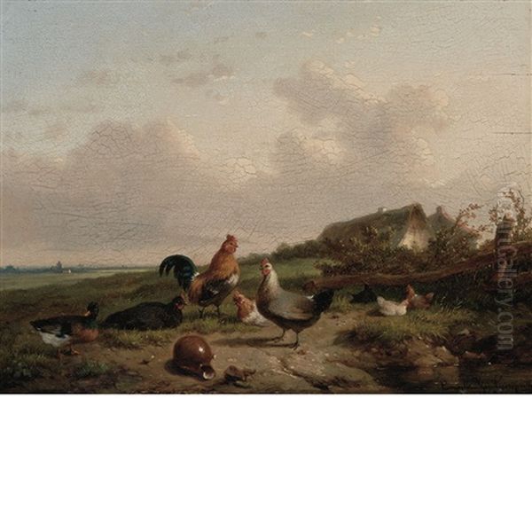 Chickens On The Farm Oil Painting by Cornelis van Leemputten