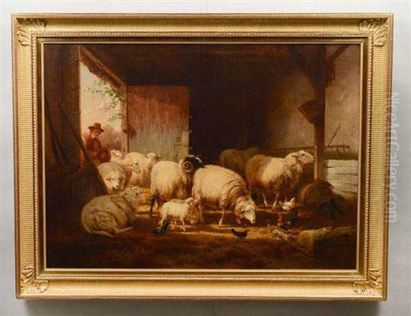 Interior Barn Scene With Sheep, Chickens And Farmer Oil Painting by Cornelis van Leemputten