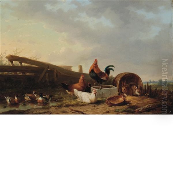 Fowl And Rabbits In A Landscape Oil Painting by Cornelis van Leemputten