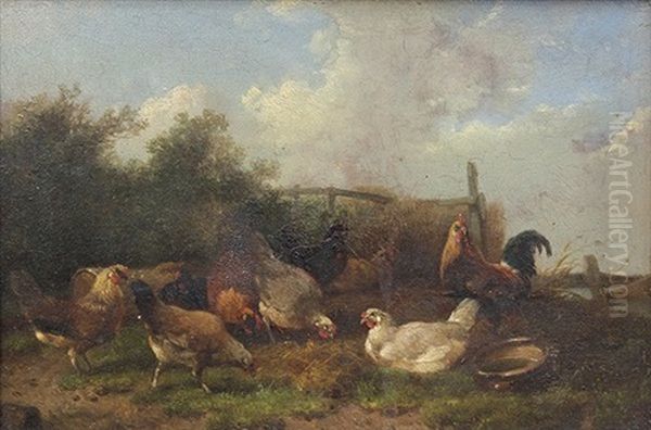 Barnyard Scene With Chickens Oil Painting by Cornelis van Leemputten