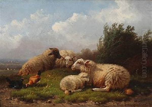 Sheep And Chickens In The Countryside by Cornelis van Leemputten