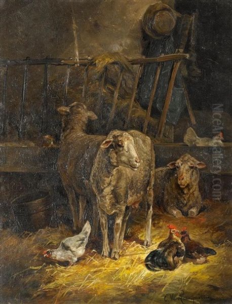 Schafe Und Federvieh Im Stall Oil Painting by Cornelis van Leemputten