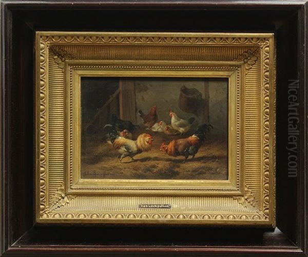 Rooster And Hens In A Barn Oil Painting by Cornelis van Leemputten