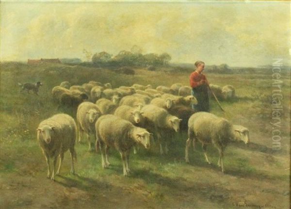 Shepherd With Flock Of Sheep Oil Painting by Cornelis van Leemputten