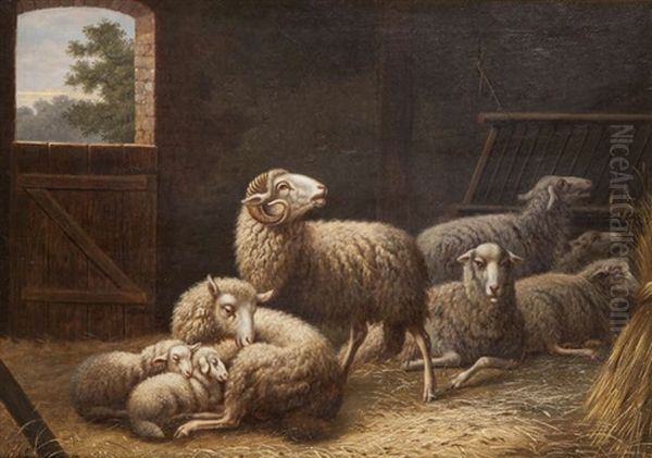 Moutons A L'etable Oil Painting by Cornelis van Leemputten