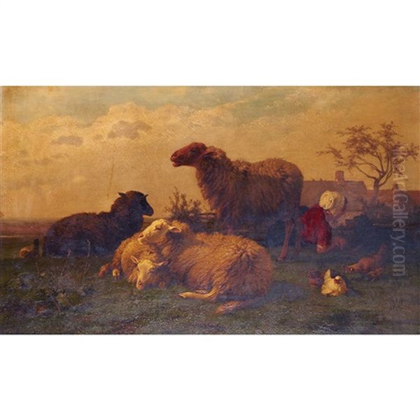 A Maiden Resting With Her Dog, Sheep And Chickens Oil Painting by Cornelis van Leemputten