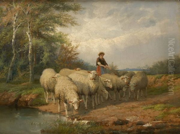 Les Moutons Au Bord Du Gue Oil Painting by Cornelis van Leemputten