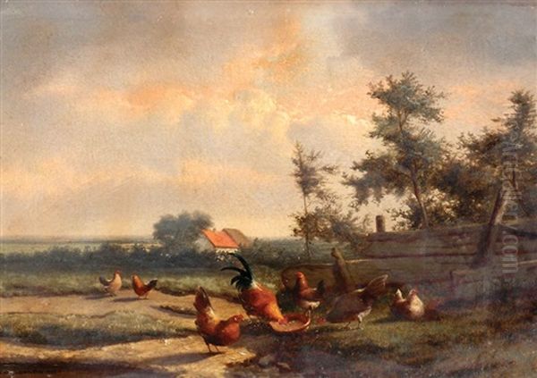 Hens In The Yard Oil Painting by Cornelis van Leemputten