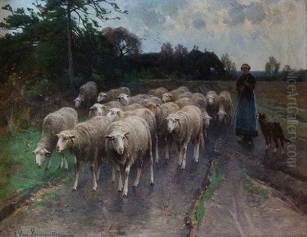 Bergere Et Ses Moutons Oil Painting by Cornelis van Leemputten