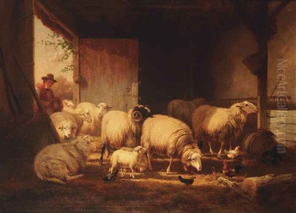 A Shephard And His Stock In A Barnyard Oil Painting by Cornelis van Leemputten