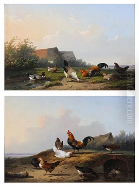 Chickens And Ducks By A Culvert Entrance (+ Chickens And Ducks By A Pond; Pair) Oil Painting by Cornelis van Leemputten