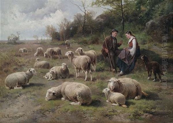 Schaferpaar Mit Herde In Weidelandschaft Oil Painting by Cornelis van Leemputten