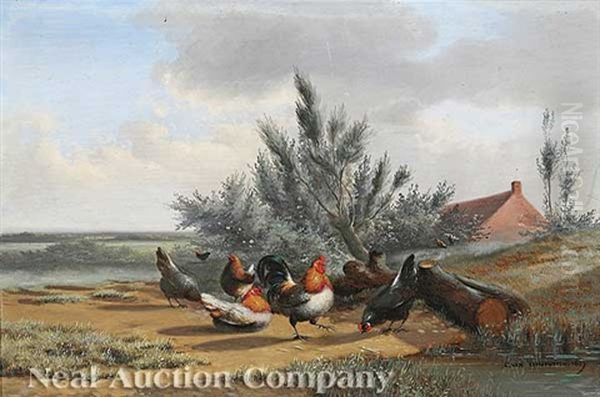 Rooster And Chickens Oil Painting by Cornelis van Leemputten