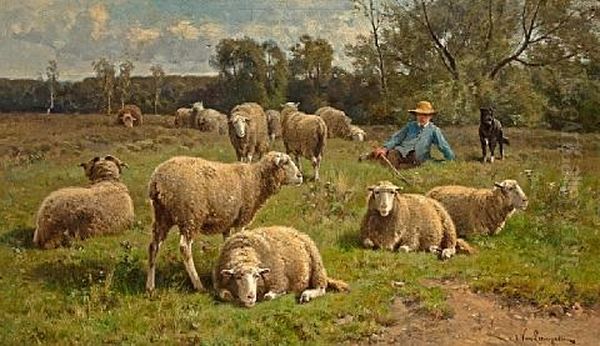 A Shepherd And His Dog Guarding A Flock Of Sheep Oil Painting by Cornelis van Leemputten