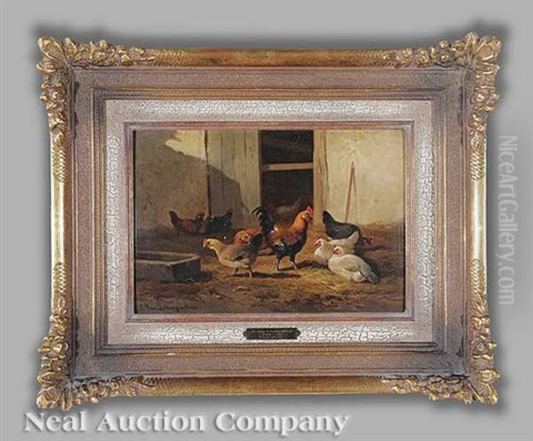 Rooster And Hens In The Barnyard Oil Painting by Cornelis van Leemputten