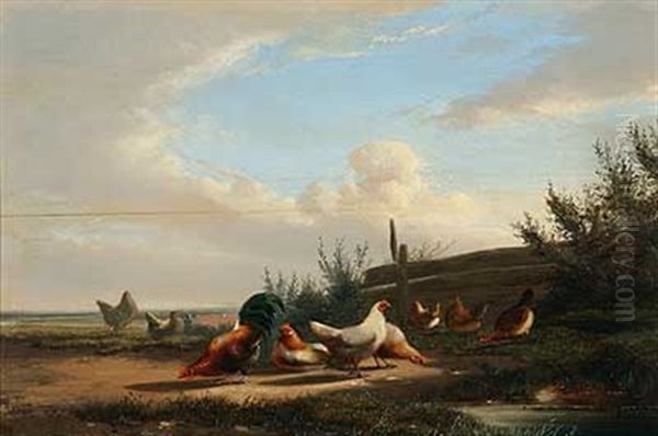 Hahn Und Acht Huhner An Einem Sommertag Oil Painting by Cornelis van Leemputten